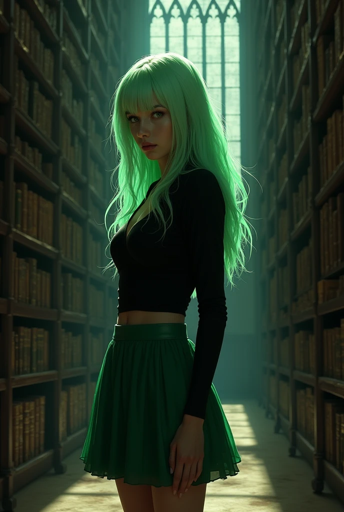 a dark academy-style image of a tall, beautiful woman with an athletic build and bright, light green hair that cascades around her shoulders. She has a round face with romantic features. She wears a black blouse (not vintage) and a short green skirt that complements her hair. The setting is a dimly lit, grand library filled with ancient books, casting long shadows. The atmosphere is dark and moody, with soft lighting highlighting the woman's serious and introspective expression, reflecting her complex and burdened nature.