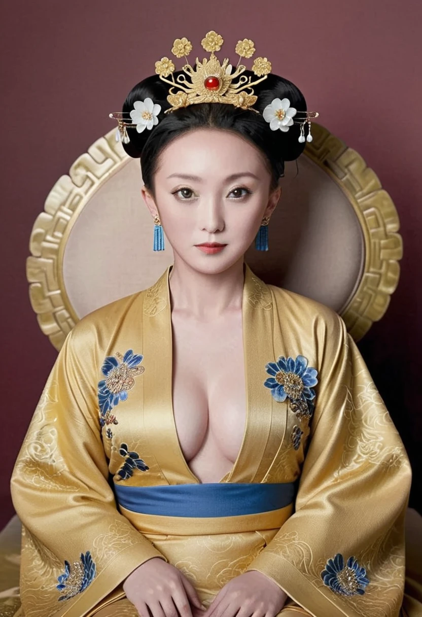 From the pre-Qing period, The Empress is naked on the gold sofa in the palace, Her eyes are wide open, Her legs were spread, big naked breasts. At the Chinese court during the Qing Dynasty, Empress of the Qing Dynasty, Empress of China, Wearing a large crown, Belly and thighs visible from below.。She is completely naked, Showing off gorgeous large flowers and hairpins, She tied her hair up and pulled it up, 背景はEmpress of the Qing Dynastyの豪華な宮殿.