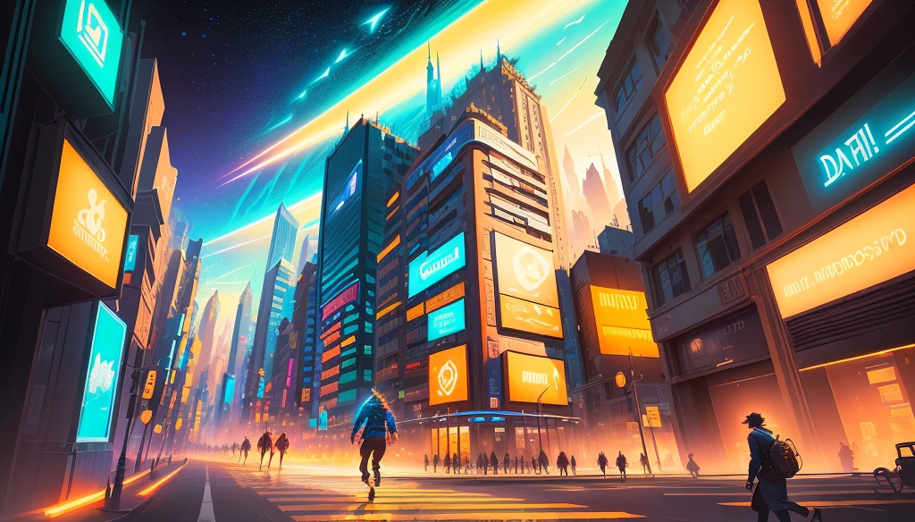painting of a person walking towards a bright light in a city, estilo and mumford e alex gray, Anton Fadeev e Mumford, dan mumford and albert bierstadt, josan gonzales e dan mumford, e Mumford Tom Bagshaw, in the style dan mumford artwork, fractal trovão dan mumford, inspired by Kilian Eng, por Dan Mumford