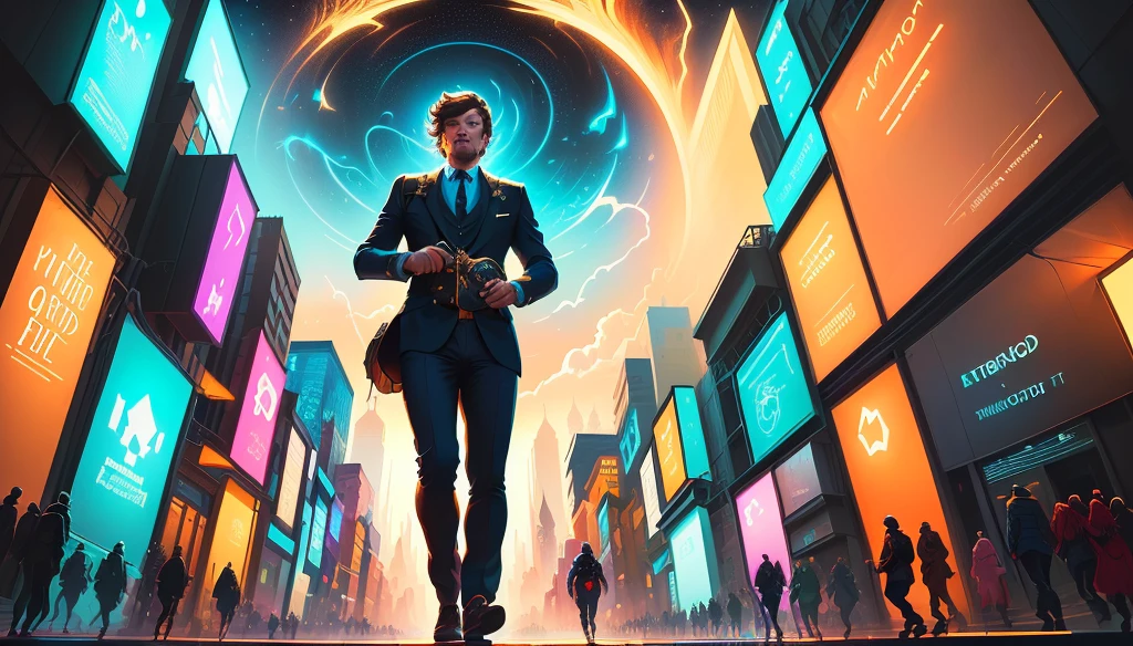 painting of a person walking towards a bright light in a city, estilo and mumford e alex gray, Anton Fadeev e Mumford, dan mumford and albert bierstadt, josan gonzales e dan mumford, e Mumford Tom Bagshaw, in the style dan mumford artwork, fractal trovão dan mumford, inspired by Kilian Eng, por Dan Mumford