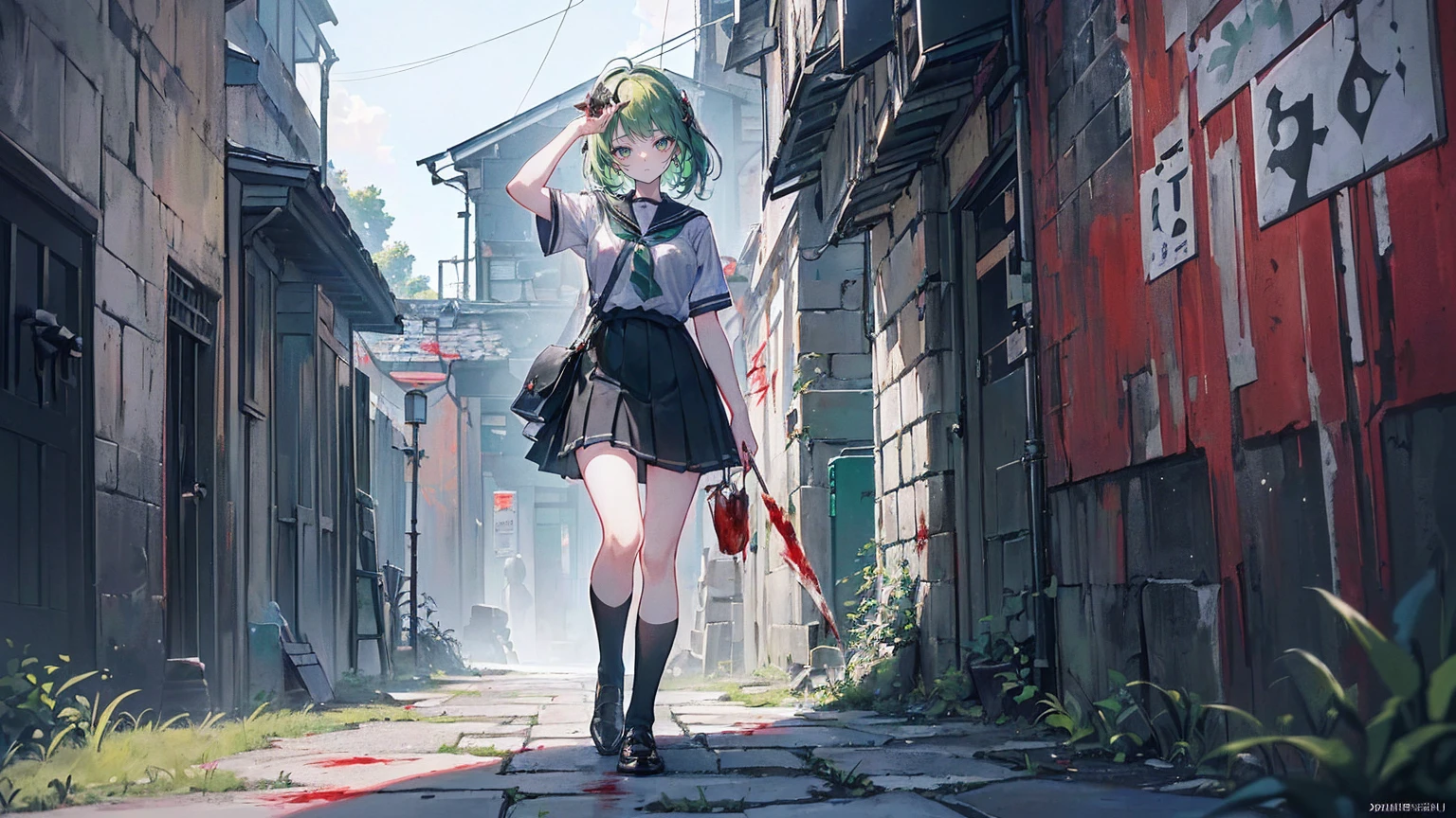 (Very detailed)),((illustration)),((masterpiece)),(((need))),((beautiful、Highest quality CG Unity 8K wallpapers,masterpiece),((4K,masterpiece,best quality)),Green hair female student,Black school uniform,The head is covered with an animal bone mask,Lift the hair on your forehead with your hands,There is a mysterious bloody tattoo on the right hand,frivolous,Squinting,The left hand is behind the waist and holds a primitive spear,Holding your bag in your right hand,In a dark alley,A mysterious magic circle was drawn in blood on the wall of the alley,individual,Full body picture