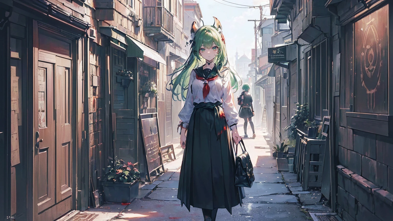 (Very detailed)),((illustration)),((masterpiece)),(((need))),((beautiful、Highest quality CG Unity 8K wallpapers,masterpiece),((4K,masterpiece,best quality)),Green hair female student,Black school uniform,The head is covered with an animal bone mask,Lift the hair on your forehead with your hands,There is a mysterious bloody tattoo on the right hand,frivolous,Squinting,The left hand is behind the waist and holds a primitive spear,Holding your bag in your right hand,In a dark alley,A mysterious magic circle was drawn in blood on the wall of the alley,individual,Full body picture