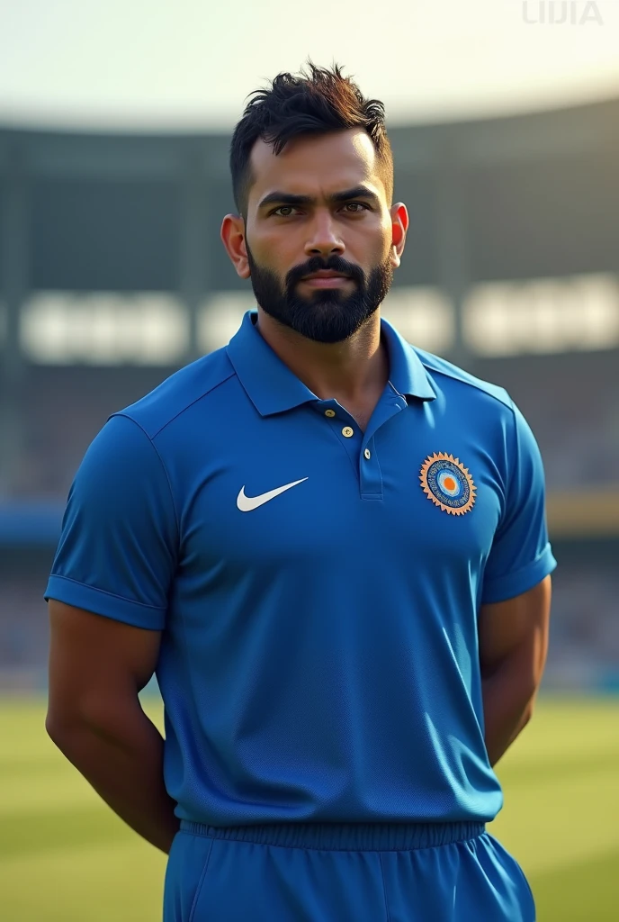 "Create a realistic image of Rohit Sharma, a well-known Indian cricketer, wearing the Indian cricket team jersey. The jersey should be in the traditional blue color associated with the Indian team. Ensure the jersey has no brand logos or text, focusing only on the design and colors. Rohit Sharma should be depicted in a confident pose, holding a cricket bat. The background should be a subtle, blurred cricket stadium during daylight."