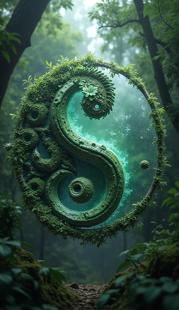 There is a title "WILD RIVAL" written in the center of the logo, classical, green, wild, rustic, forest, jungle, plants, animals, strong, realistic, 8k ultra HD, technology, nano tech, silver, white, crystal clear, 3D, mythology, Sci-Fi, cool, Storm, Winter, globe, yin yang, small birds, logo word "YIN YANG"