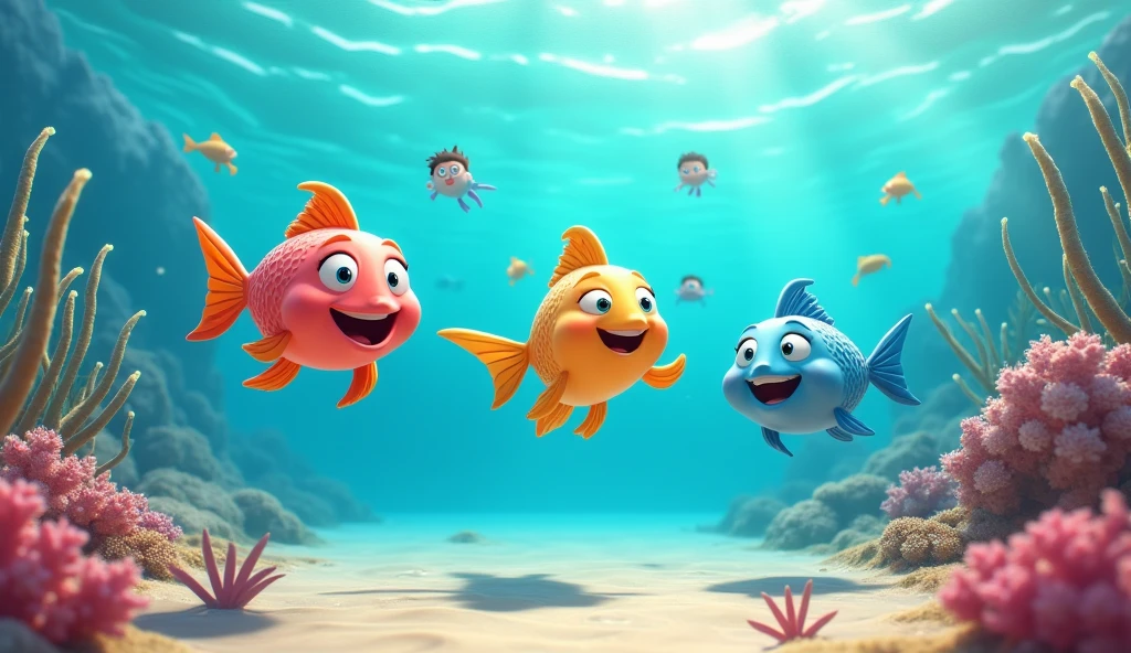 A group of smiling pastel colored fish jumping out of a large, calm desert ocean with very defined facial features looking charming. All surrounded by a coral reef atmosphere and Aztec children snorkeling.