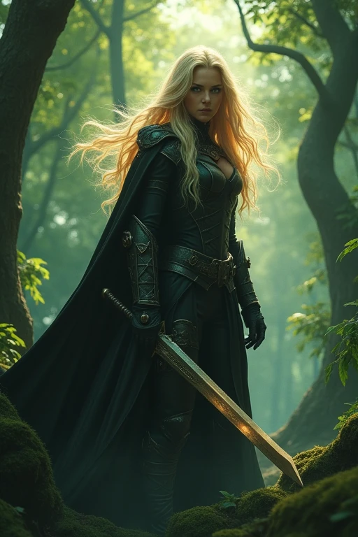 Female villain with blonde hair standing in the forest with a sword in her hand