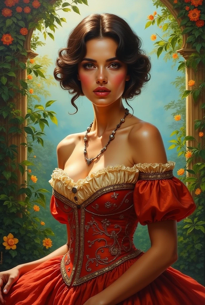 Oil painting of a Beautiful latina woman perfect body short brunette hair,  dressed in elegant victorian era 19th century American colorful conservative formal studio lighting,  beautiful outdoor paradise background 