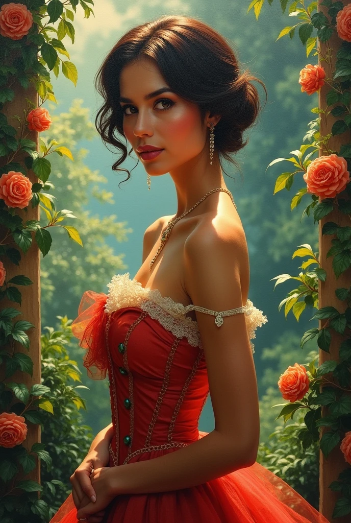 Oil painting of a Beautiful latina woman perfect body short brunette hair, dressed in elegant victorian era 19th century American colorful conservative formal studio lighting, beautiful outdoor paradise background