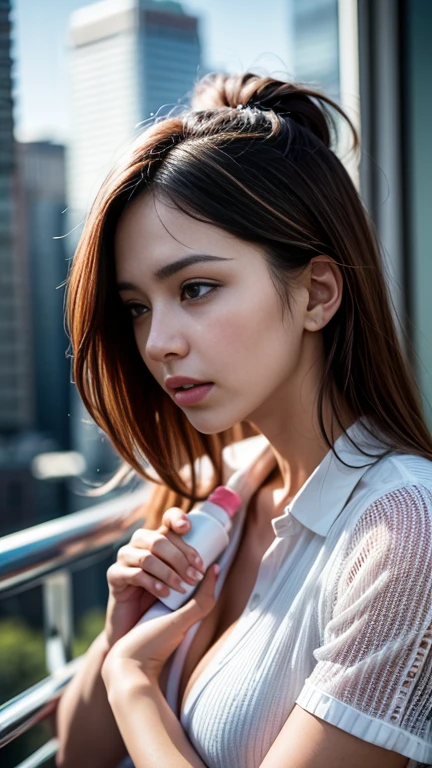 (8k, RAW Photos, 最high quality, masterpiece: 1.2), (Realistic, photoRealistic: 1.37), 1. Stroke under the bust, Cityscape, Day, Sunny Morning, Professional Lighting, Photon Mapping, Radio City, Day本の女性, Torn, shirt, Woman in a suit, Silk Suit, masterpiece, 最high quality, high quality, High resolution, big , Face close-up,Tingling in the nipples、Out of breath、Out of breath、Feels good、oh、Endless caressing with a clitoral vibrator、Caressing the vagina with lotion piston、orgasm、Climax reached、