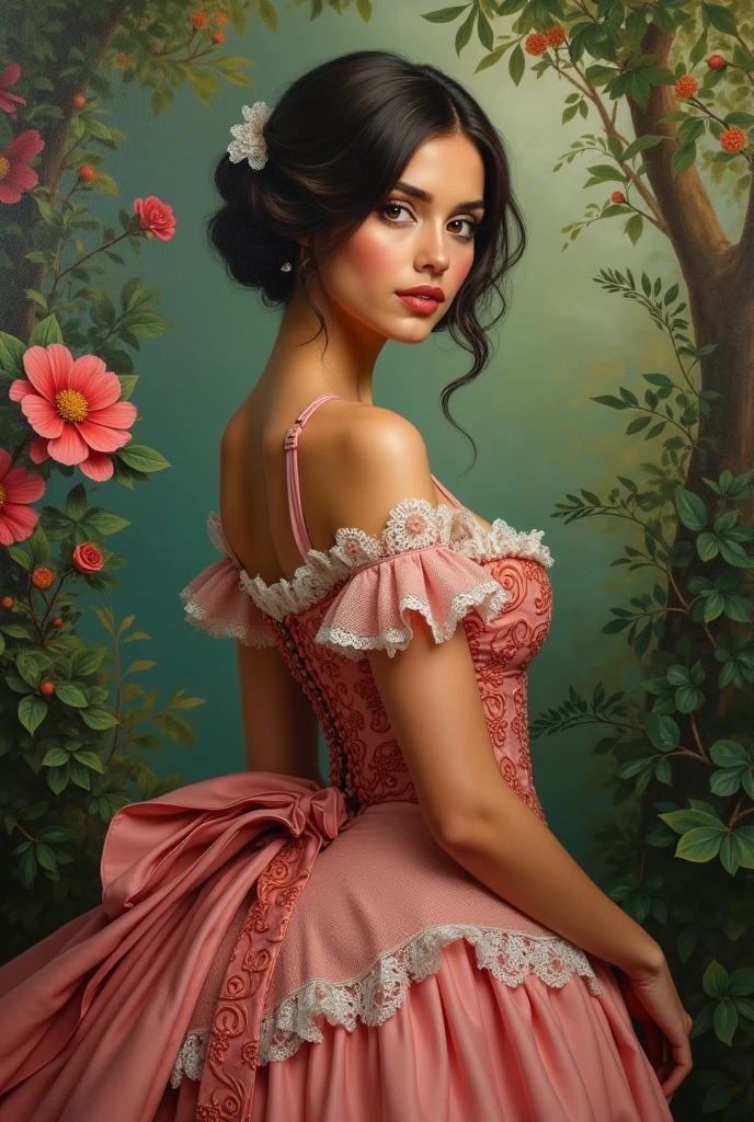 Oil painting of a Beautiful latina woman perfect body short brunette hair, dressed in elegant victorian era 19th century American colorful conservative formal studio lighting, beautiful outdoor paradise background