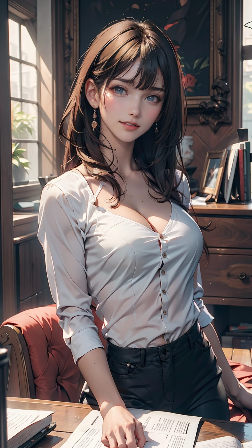 Florence Nightingale, (Ballet Costumes), Sitting in a chair, Smiling for the camera, White formal shirt, Loose collar button, Swollen nipples, Long, loose hair, (Delicate illustrations: 1.4), (Renaissance art: 1.4), (Ultra-high resolution: 1.2), (Photorealism: 1.4), (8k, RAW Photos: 1.2), (Soft Focus: 1.4), ( 18-year-old: 1.3), (Sharp focus: 1.4), Beautiful face with attention to detail, Pure rose face_v1