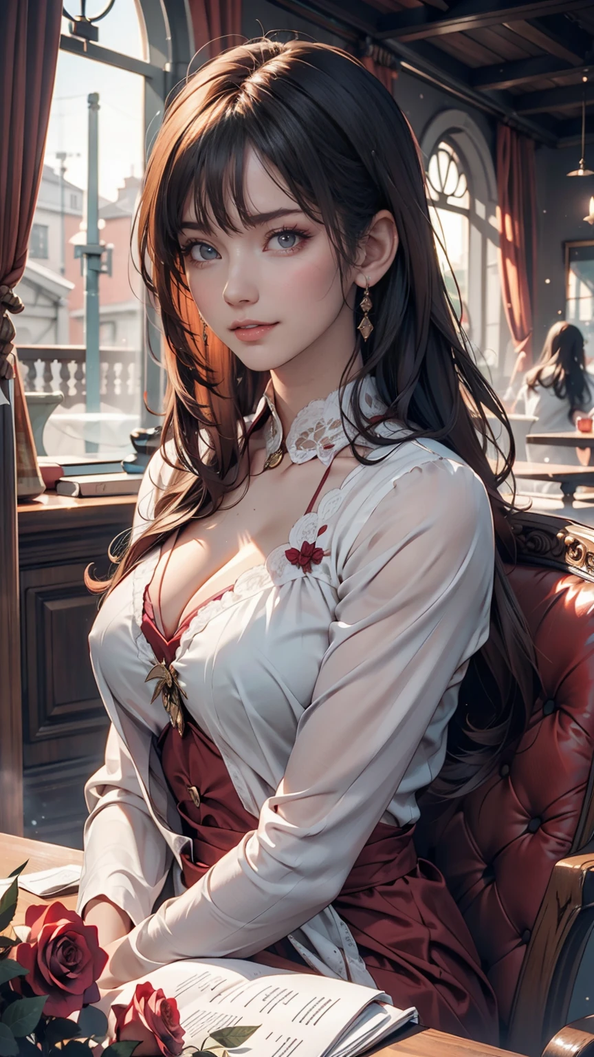 Florence Nightingale, (Ballet Costumes), Sitting in a chair, Smiling for the camera, White formal shirt, Loose collar button, Swollen nipples, Long, loose hair, (Delicate illustrations: 1.4), (Renaissance art: 1.4), (Ultra-high resolution: 1.2), (Photorealism: 1.4), (8k, RAW Photos: 1.2), (Soft Focus: 1.4), ( 18-year-old: 1.3), (Sharp focus: 1.4), Beautiful face with attention to detail, Pure rose face_v1