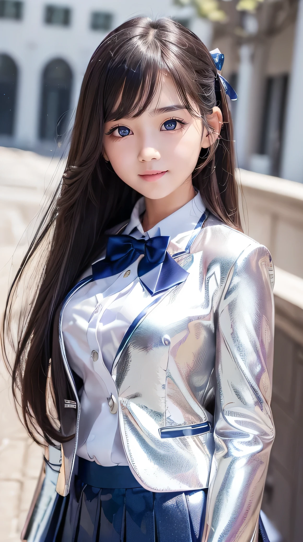 (Very beautiful  cute girl), (very  cute face:1.2),13 yo, (sparking crystal clear attractive large eyes), Beautiful eyes, Detailed double eyelids, (smiling), (realistic photograph:1.2), long straight hair,white blouse,
(Super Shiny metallic dark blue blazer and pleated skirt :1.2),school uniform,
(super reflective surface uniform:1),pink ribbon bow tie