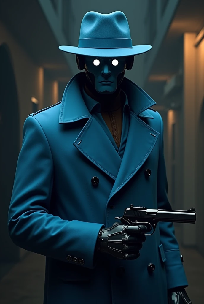 A comic noir-themed humanoid robot, wearing a closed blue trench coat, a blue fedora hat, a mask without details instead of a blue colored face with two unique white eyes and a Mauser in its right hand