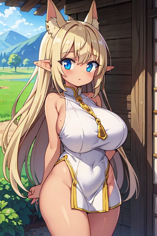 (tanned elf:1.2), (high fantasy slave outfit beige torn dress:1.2), (farm barn:1.2), (high resolution:1.2), (huge tits:1.2), tall, tall female, mature female, thick thighs, wide hips, ((tall)), ((tall female)), ((mature female))