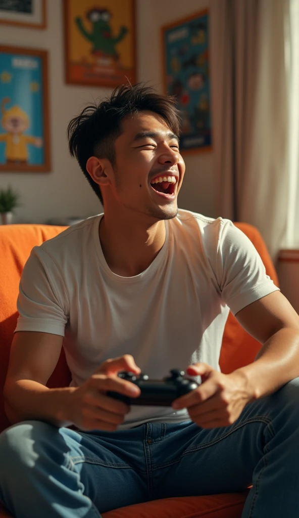photorealistic, best quality, masterpiece, extremely detailed, (side view), extremely handsome, 30 year old borneo man, no facial hair, muscular build, wearing 8bit graphic tshirt, laughing out loud, looking directly at camera, holding a video game console controller in right hand, punch left fist into the air, sitting on couch, in fun bedroom, movie posters on the wall, extremely romantic atmosphere, perfect face, perfect fingers, perfect hands, perfection