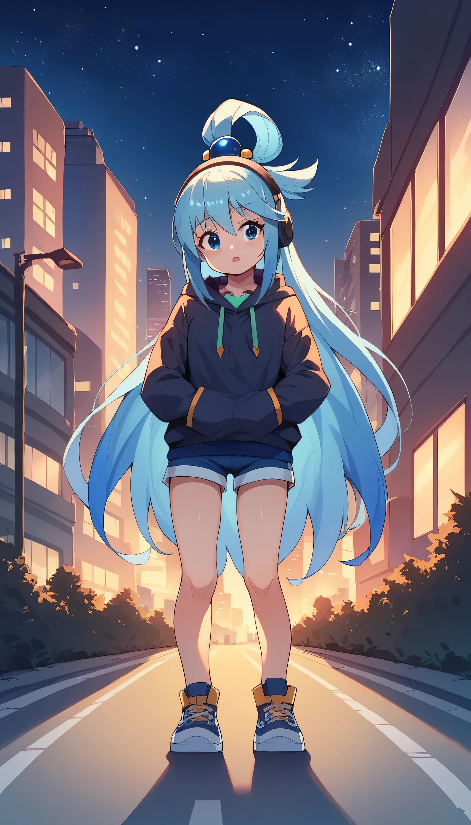 aqua \(konosuba\), blue eyes, long hair, hair ornament, very long hair, hair rings, blue hair, single hair ring, hair bobbles,1child, headphones, city, building, skyscraper, cityscape, earmuffs, night, 1girls, female focus, star \(sky\), solo, shoes, street, city lights, outdoors, sky, hoodie, shorts, starry sky, night sky, sneakers, skyline, hood, road, tower