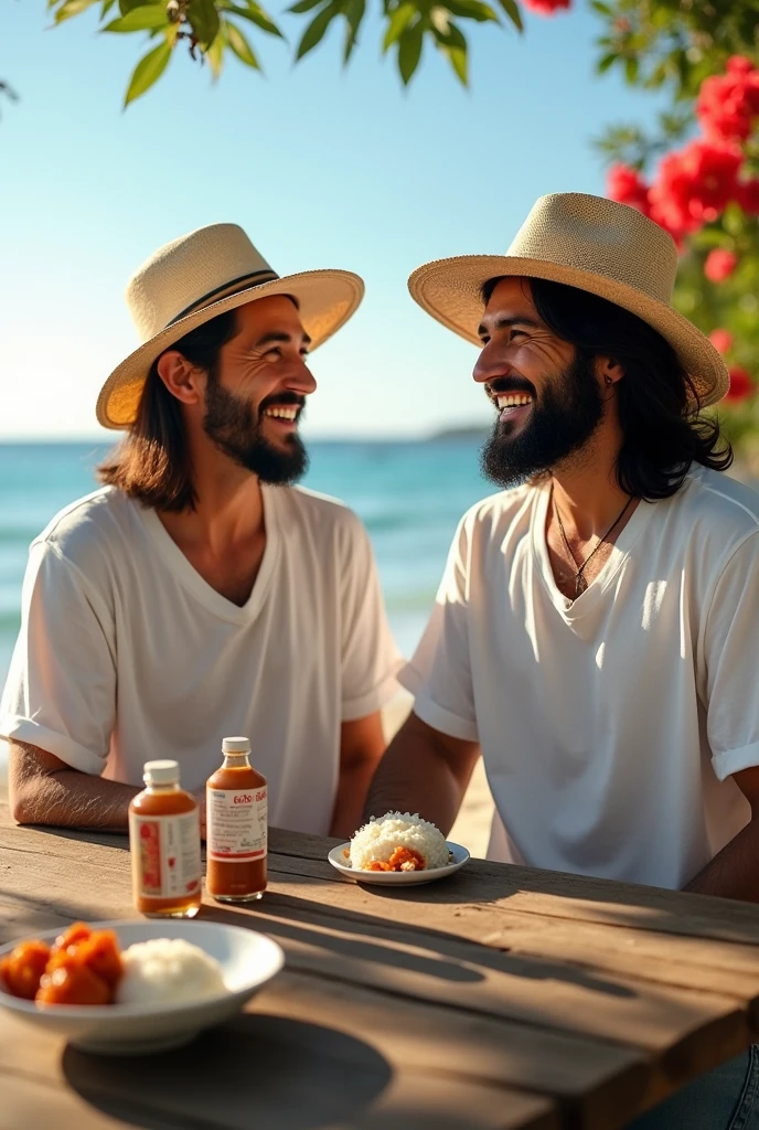 Jesus Christ and Buddha eating rice balls. They look smart and smart and have fun and laugh. Their faces convey deep wisdom and empathy, exuding warmth and understanding. They are wearing white T-shirts, jeans and straw hats. Jesus of Nazareth is depicted as a gentle, gentle man with shoulder-length hair. His wavy brown hair cascades over his shoulders. The smile of the Japanese man next to her shows deep wisdom and empathy, and he is depicted as a kind-hearted Japanese man with a Buddha-like shaved head and a gentle, cheerful expression. they are shining. On the wooden table by the beach, there is a small plate of pickled plums and two plastic bottles. Hibiscus is blooming on the beach. Photography, highly detailed, trending at the art station, sharp focus, studio shot, intricate details, Greg Rutkowski,
