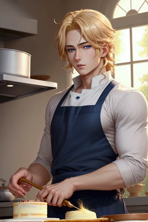 very realistic anime boy high definition a very handsome with golden hair with subtle waves blue eyes, he is cooking a big cake