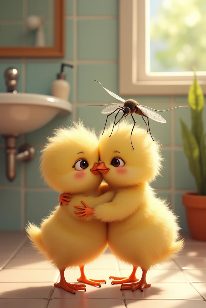 Little chick and bathroom mosquito hugging each other