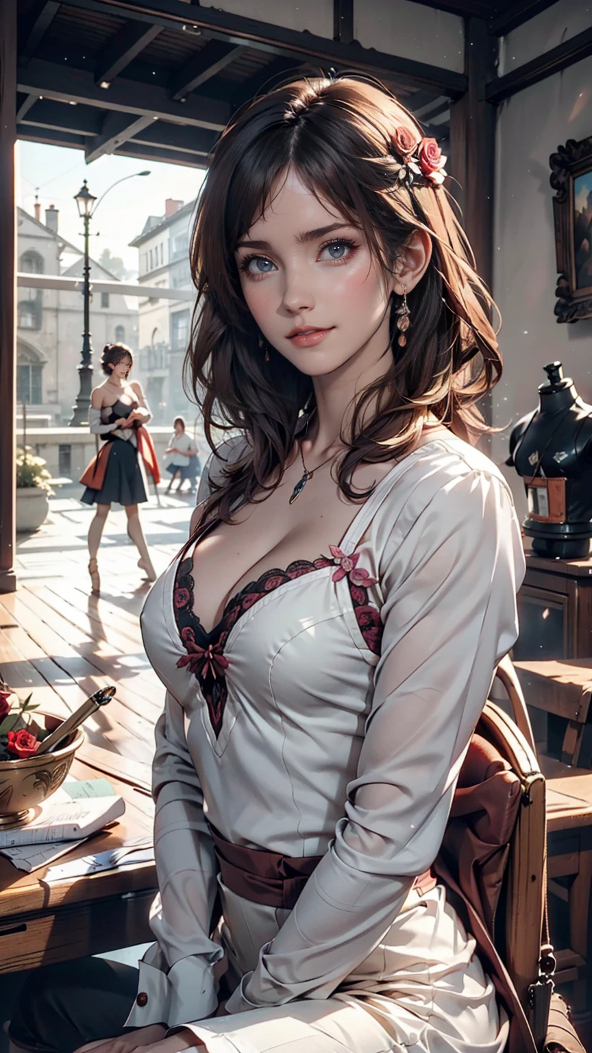 Florence Nightingale, (Ballet Costumes), Sitting in a chair, Smiling for the camera, White formal shirt, Loose collar button, Swollen nipples, Long, loose hair, (Delicate illustrations: 1.4), (Renaissance art: 1.4), (Ultra-high resolution: 1.2), (Photorealism: 1.4), (8k, RAW Photos: 1.2), (Soft Focus: 1.4), ( 18-year-old: 1.3), (Sharp focus: 1.4), Beautiful face with attention to detail, Pure rose face_v1