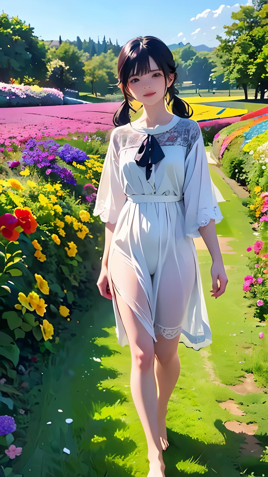 最high quality:1.2、masterpiece:1.2、Official Art、wallpaper、Extremely detailed、Very detailed、 (high quality,、masterpiece、 High resolution) 、 8K Ultra HD、high quality、One Woman、Walking barefoot while gazing at a colorful flower field、Walking through the grasslands、Walking on a green carpet、Young pretty woman、、loosely bunched hair、Black hair、twin tails tied only at the ends、a natural-colored dress、Natural colors、BREAK、(((A fantastical dream world、mysterious、Walking through a flower field、Colorful flower garden、a flower field where various flowers bloom)))、