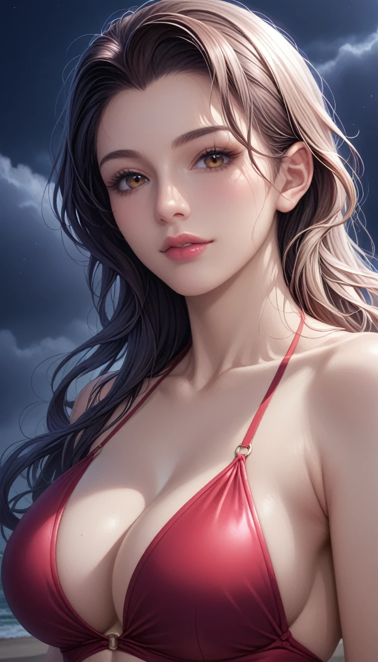 score_9, score_8_superior, score_7_superior, High-resolution CG illustration,A masterpiece in 32K resolution,Highest quality,it is really amazing,Very detailed,Ultra-high resolution,Ultra-realistic,Realistic,Increased depth of field,Cinematic lighting,
Sexy mature Japan woman,
Straight long hair with black hair,Ultra-detailed and beautiful face,Calm and gentle look,Beautiful brown eyes,Translucent white skin,Realistic skin texture,Great proportions,
Elegant red swimsuit,
Simple design,Chic color scheme based on red,Detailed fabric texture,
(Dark overcast sky on a dull night:1.1),(Dark clouds filling the sky:1.1),Thundercloud,Coastline at night,Stormy seas,delay々A desolate sandy beach that continues,
A beautiful, well-shaped bottom,