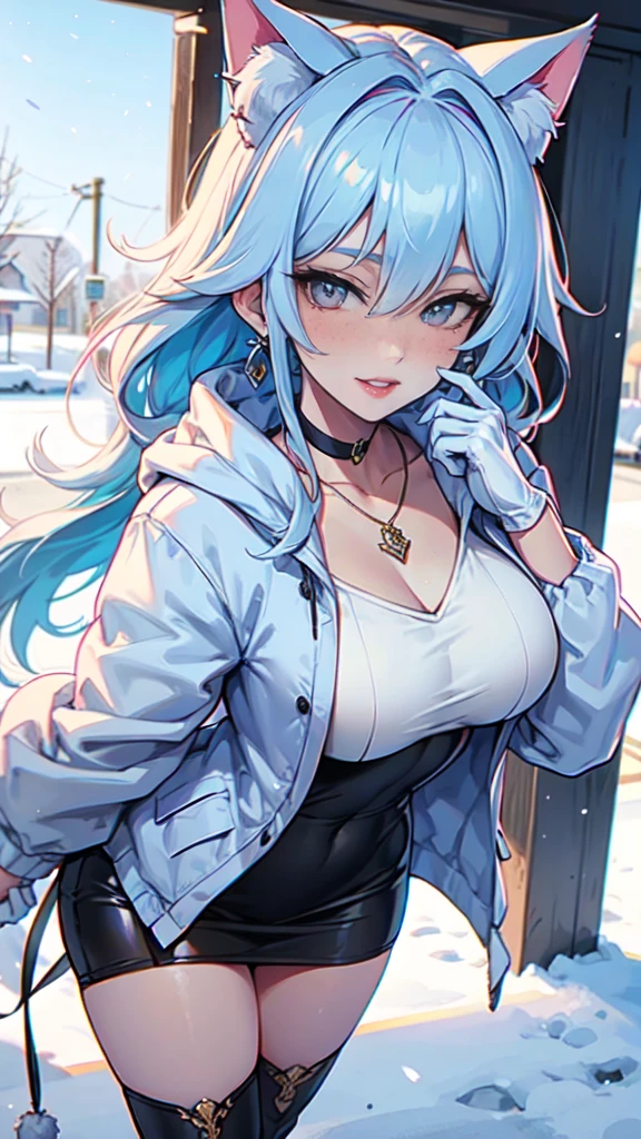 Masterpiece, beautiful art, professional artist, 8k, art style by sciamano240, very detailed face, very detailed hair, very detailed clothes, 1girl, perfectly drawn body, beautiful face, long hair, light blue hair , very detailed blue vertical cat eyes, square glasses, pouty lips , rosey cheeks, intricate details in eyes, extreme close up of face, see only head and neck, staring directly at viewer, wearing cute winter clothes, winter coat, necklace, choker, earrings, gloves, pencil skirt, black tigh boots, some freckles, big wide grin, in love with the viewer expression, sunny winter setting, walking outside,