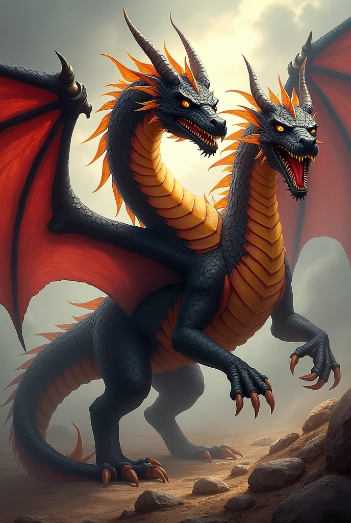 Generates the illustration of a two-headed dragon with the colors black, red and yellow