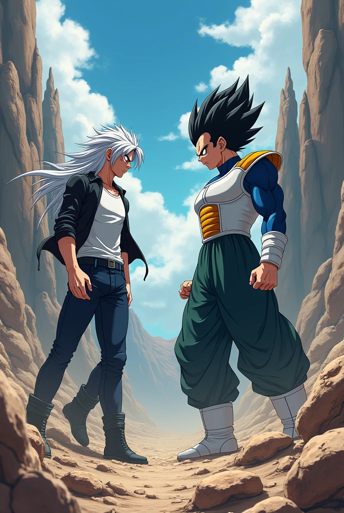 Boy with defined complexion,long straight white hair,Red eyes,scar on his face by his right eye,white sleeveless t-shirt,black knee-length jacket,dark blue jeans by Jin,black boots,fighting against Vegeta from Dragon Ball in a rocky area(anime style)