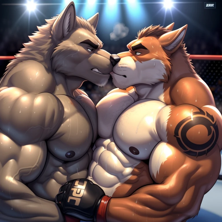 Duo male(Brown Wolf vs Gray Wolf), handsomes(handsome hairstyle, Thick eyebrows, detailed face), gay(Lying down, cuddling, body with body, wrestling at each other, face to face, kissing each other, on a private match), hot(Shirtless), handsomes(They are handsomes, correct anatomy), musculosos(Big muscle bodies, Six packs, muscle abs, big pecs), sweaty(very sweaty wet bodies, shiny sweat), tatuajes(they have tattoos), grumpy(Both have an grumpy expression, grumpy teeths, steaming breath), UFC gloves(They both are wearing UFC gloves), Hight resolution, by(Zourik:1.1)