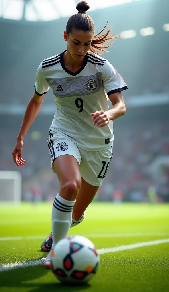 A very beautiful woman wearing the white uniform of the German national team and taking a shot.