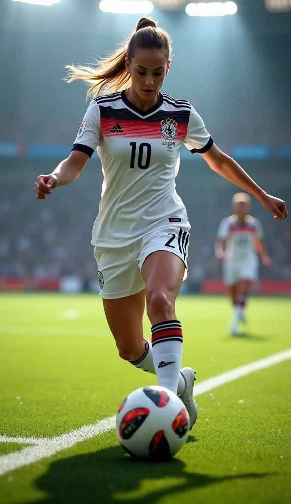 A very beautiful woman wearing the white uniform of the German national team and taking a shot.