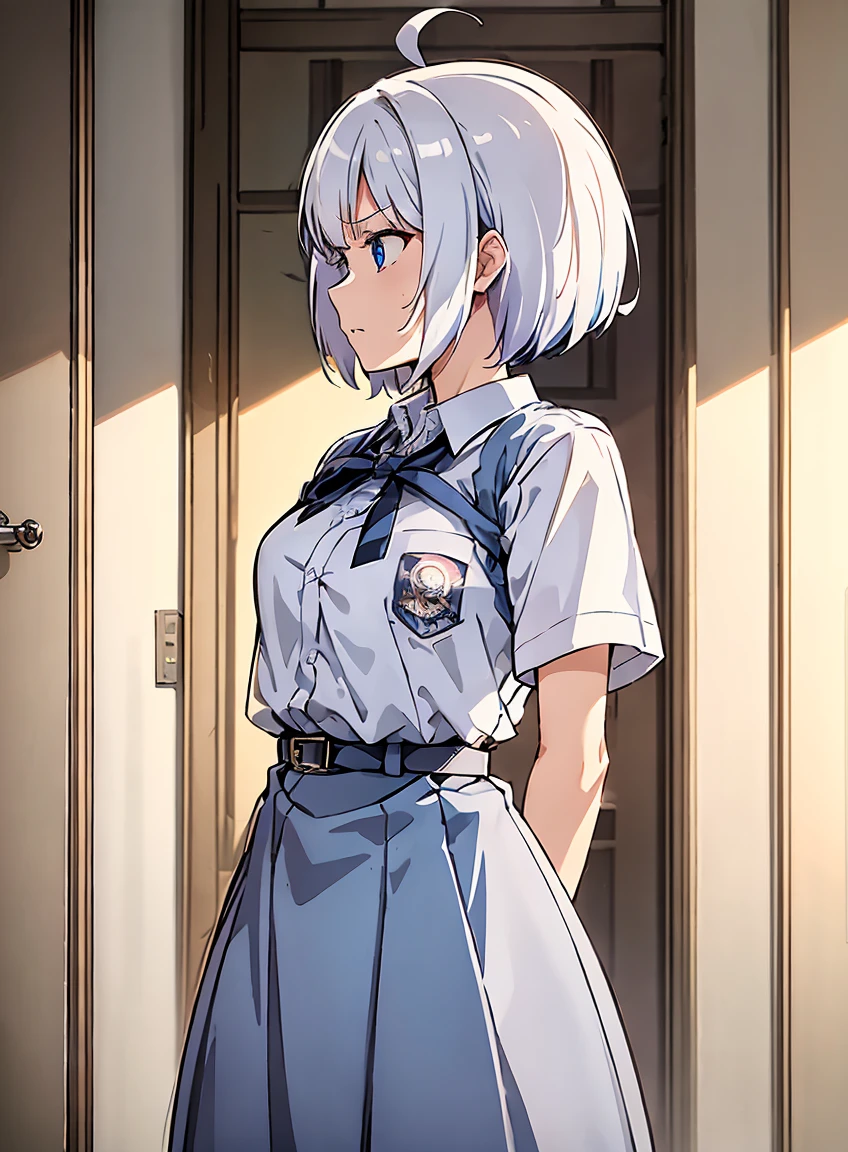 (masterpiece, Best Quality, ultra-detailed, high resolution, extremely detailed CG, official art, Professional Lighting, Perfect Anatomy, anime colors), (1girl), (white hair), (short hair), (short ahoge hair), (multicolor hair), (blue streaked hair), (blue eyes), white dress, angry face, evil eyes, side view, profile view , looking away, white background, 1girl, cewe-sma, from fitting, white shirt, short sleeve, gray skirt, belt, Beautiful and dense face, white skin, (1 girl), skinny, medium chest, Black Hair, (black eye),