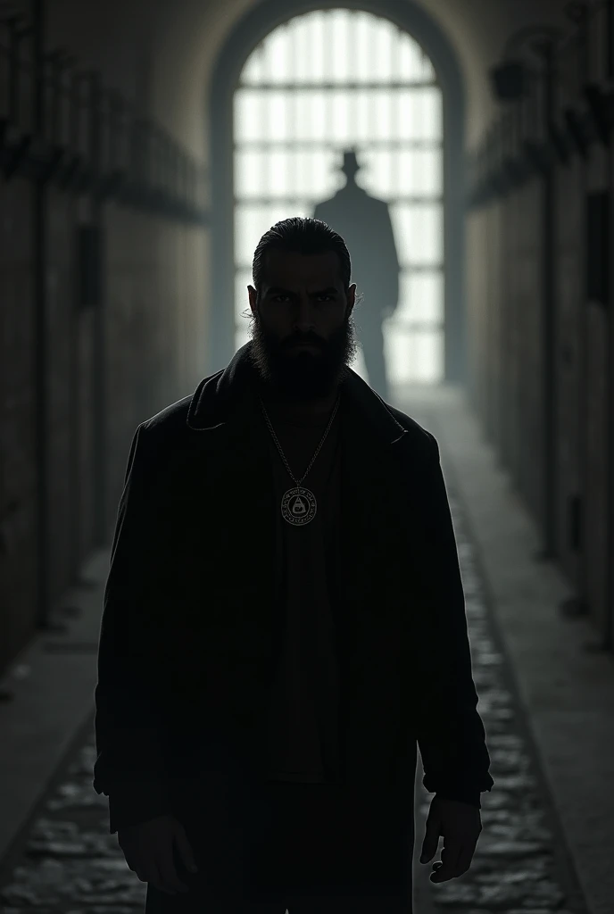 A silhouette of a man with a beard, specifically with a prisoner's pendant., by the wide. The image that is far away from the person's silhouette and is inside a prison well 
