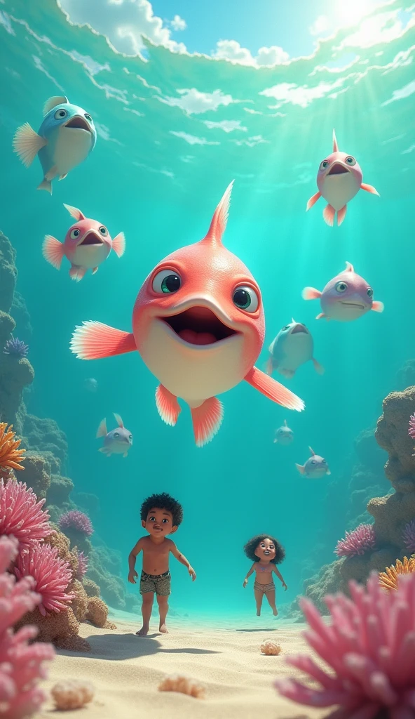A group of smiling pastel colored fish jumping out of a large, calm desert ocean with very defined facial features looking charming. All surrounded by a coral reef atmosphere and Aztec ren snorkeling.