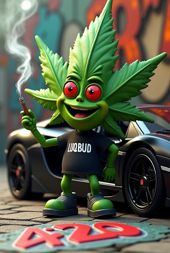 CANNABIS LEAF IN REALISTIC STYLE WITH A SMILE AND RED EYES, HOLDING A CIGARETTE WITH HIS HAND GETTING OUT OF A LUXURY CAR WEARING A BLACK SHIRT WRITTEN LUQBUD WITH A GRAFFITI ON THE FLOOR WRITTEN 4:20