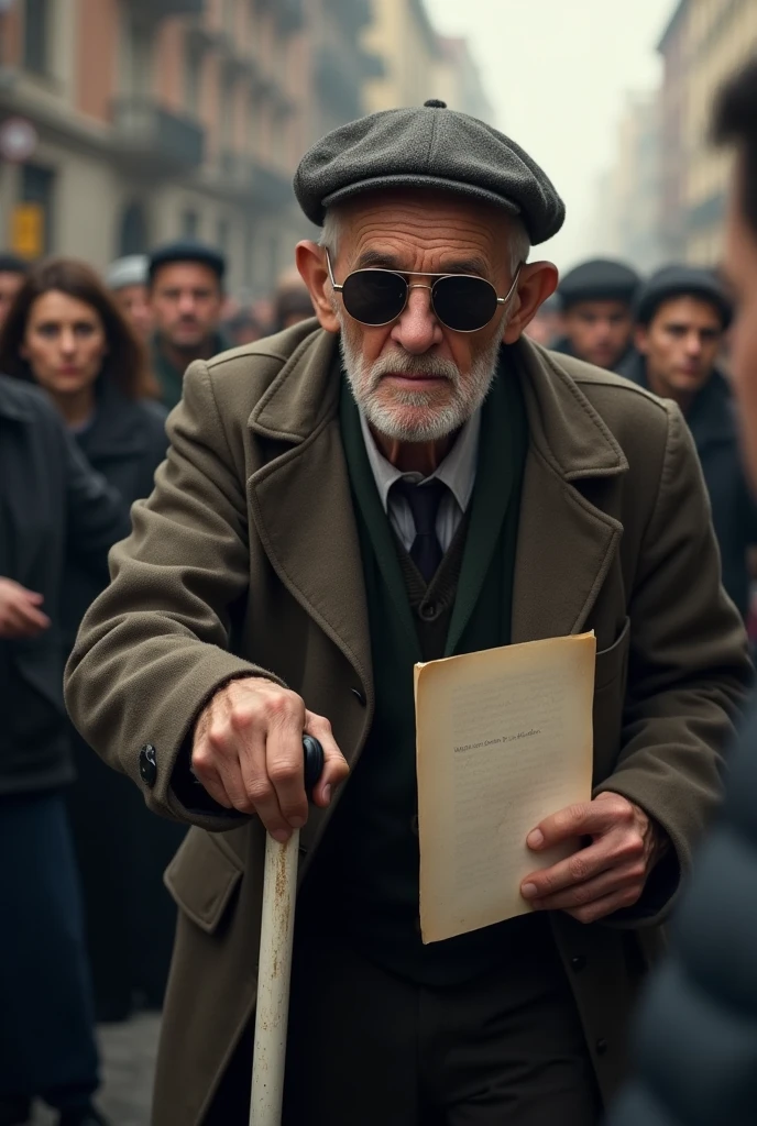 after World War II The old blind man in the crowd, with his cane and sunglasses, I asked a woman to deliver a letter
