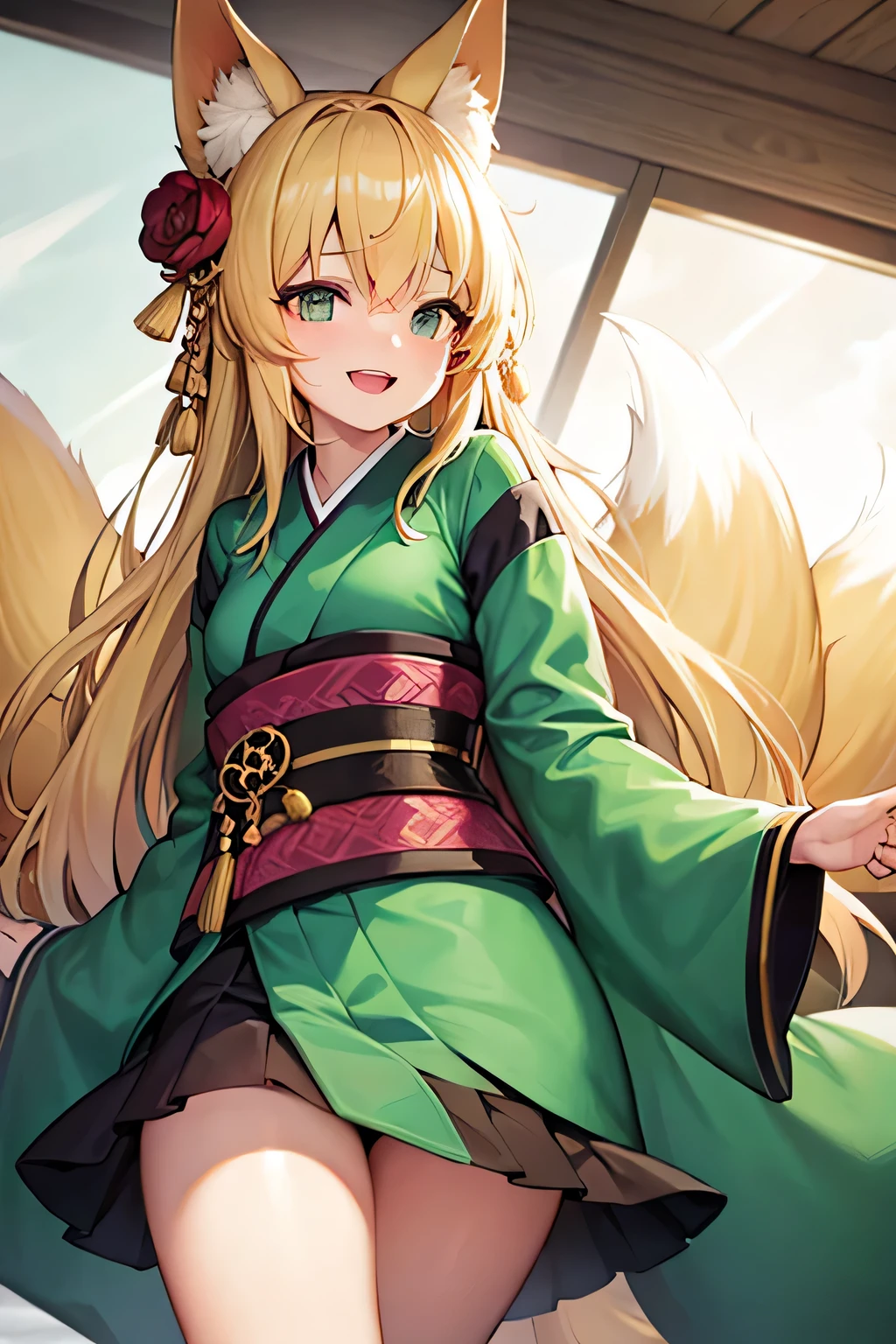 1 person,small,Cheerful face,Yellow-green hair,Detailed eyes,Yellow-green eyes,Red pupils,Fox ears,6 tails,A large, yellowish-green kimono,Hakama