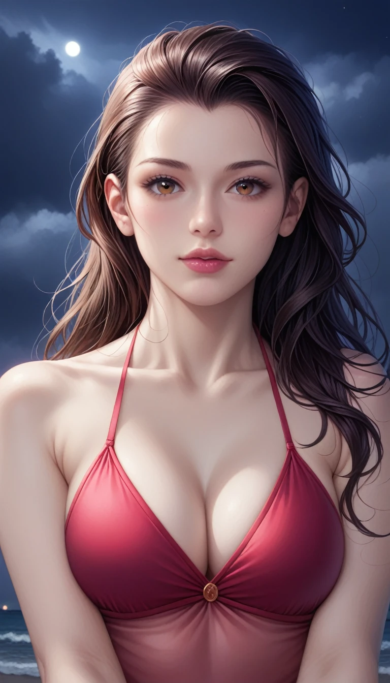 score_9, score_8_superior, score_7_superior, High-resolution CG illustration,A masterpiece in 32K resolution,Highest quality,it is really amazing,Very detailed,Ultra-high resolution,Ultra-realistic,Realistic,Increased depth of field,Cinematic lighting,
Sexy mature Japan woman,
Straight long hair with black hair,Ultra-detailed and beautiful face,Calm and gentle look,Beautiful brown eyes,Translucent white skin,Realistic skin texture,Great proportions,
Elegant red swimsuit,
Simple design,Chic color scheme based on red,Detailed fabric texture,
(Dark overcast sky on a dull night:1.1),(Dark clouds filling the sky:1.1),Thundercloud,Coastline at night,Stormy seas,delay々A desolate sandy beach that continues,
(A beautiful, well-shaped bottom:1.1),Cinematic,