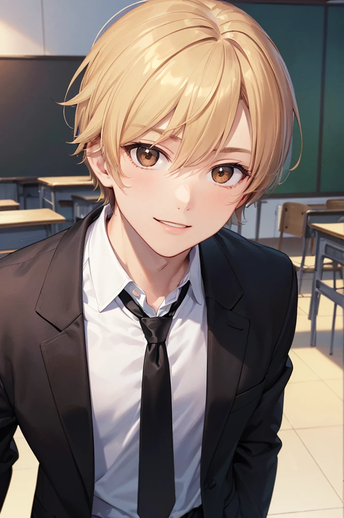 (((masterpiece; best quality: 1.2))), (detailed eyes: 1.3), ((1 young man)), ((solo)), (brown eyes: 1.4), (body shape; lean, masculine, manly: 1.3), (short blond hair: 1.3), (clear background: 1.2), ((depth of field)), (equipment: male school uniform + black jacket + black necktie + white shirt: 1.3), (anime illustration: 1.2), (background composition; japanese highschool classroom + furniture: 1.1), (handsome: 1.1), (shot composition; standing + centered on face + close-up: 1.5), (facial expression; calm + smile: 1.2)