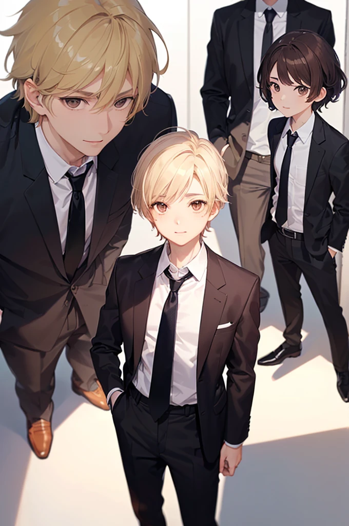 (((masterpiece; best quality: 1.2))), (detailed eyes: 1.3), ((1 young man)), ((solo)), (brown eyes: 1.4), (body shape; lean, masculine, manly: 1.3), (short blond hair: 1.3), (clear background: 1.2), ((depth of field)), (equipment: male school uniform + black jacket + black necktie + white shirt: 1.3), (anime illustration: 1.2), (background composition; japanese highschool classroom + furniture: 1.1), (handsome: 1.1), (shot composition; standing + centered on face + close-up: 1.5), (facial expression; calm + smile: 1.2)