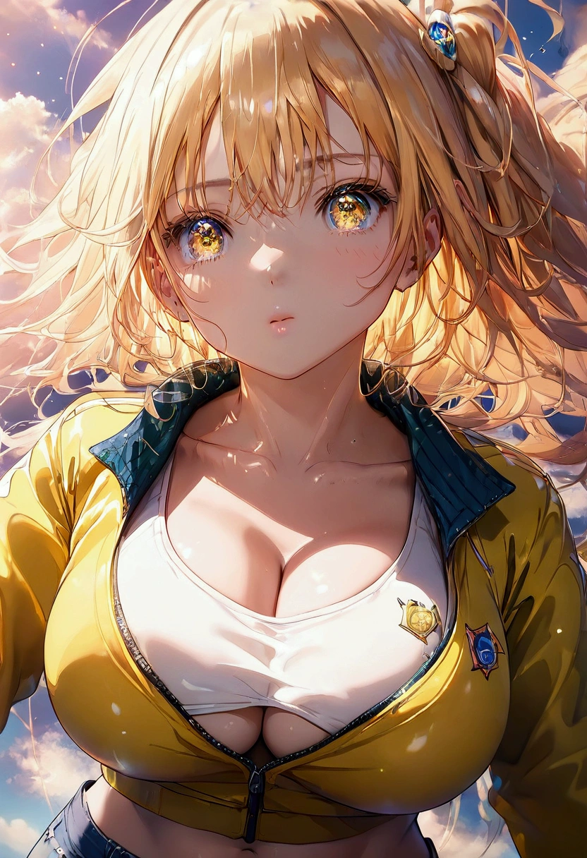 full body, (masterpiece), (best quality), ultra high res, ultra detailed, detailed eyes, intricate, 1girl, blond hair, looking at viewer, huge breasts, cleavage, collarbone, denim, denim shorts, jacket, long sleeves, ((open clothes)), open jacket, partially unzipped, yellow jacket, shirt, short shorts, shorts, tank top, track jacket, unzipped, ((huge breasts, big hips, tight clothes, cleavage, looking at the viewer)), (abs:0.8), blushed, underboob (realistic:1.2), (realism), (masterpiece:1.2), (best quality), (ultra detailed), (8k, 4k, intricate), (85mm), light particles, lighting, (highly detailed:1.2), (detailed face:1.2), (gradients), colorful, (detailed eyes:1.2), (detailed background), detailed landscape, (dynamic angle:1.2), (rule of third_composition:1.3), (Line of action:1.2)