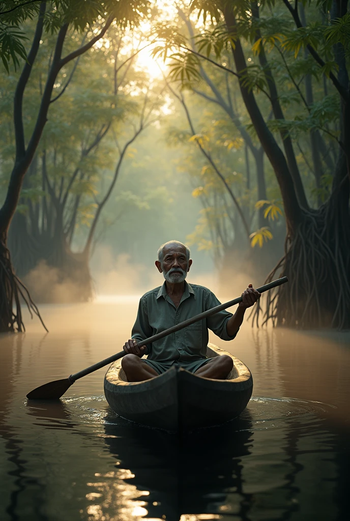 ( photo realism 1.2) photo realistic high detailed old Malay male at mangrove swamp paddling dugout canoe cinematic view dramatic view morning mode fogs effect pandanus tree sunlight effect view of black water lepironia articulate pandanus helicopus lots of tree around