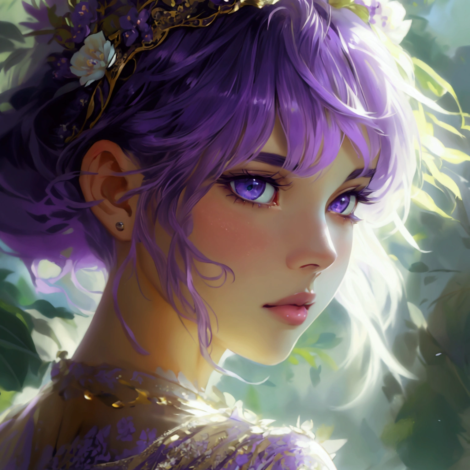 high quality, masterpiece, Delicate features, Delicate hair, Delicate eyes, Dreamy Style, Fantasy style clothing, Beautiful fantasy, Very detailed, Long eyelashes, Purple Hair, short hair, juvenile