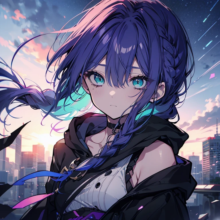 1 person、Mature、Ample breasts、Long Hair、Purple Hair、Braid、1つのBraid、ponytail、Emerald green eyes、Black hoodie、Shoulder Bare、Sad face、choker、Shorts、I thought about it、Starry Sky、Ancient city、Blood splatter、He readies his ice blade.、Battle Scenes、High resolution、Highest quality