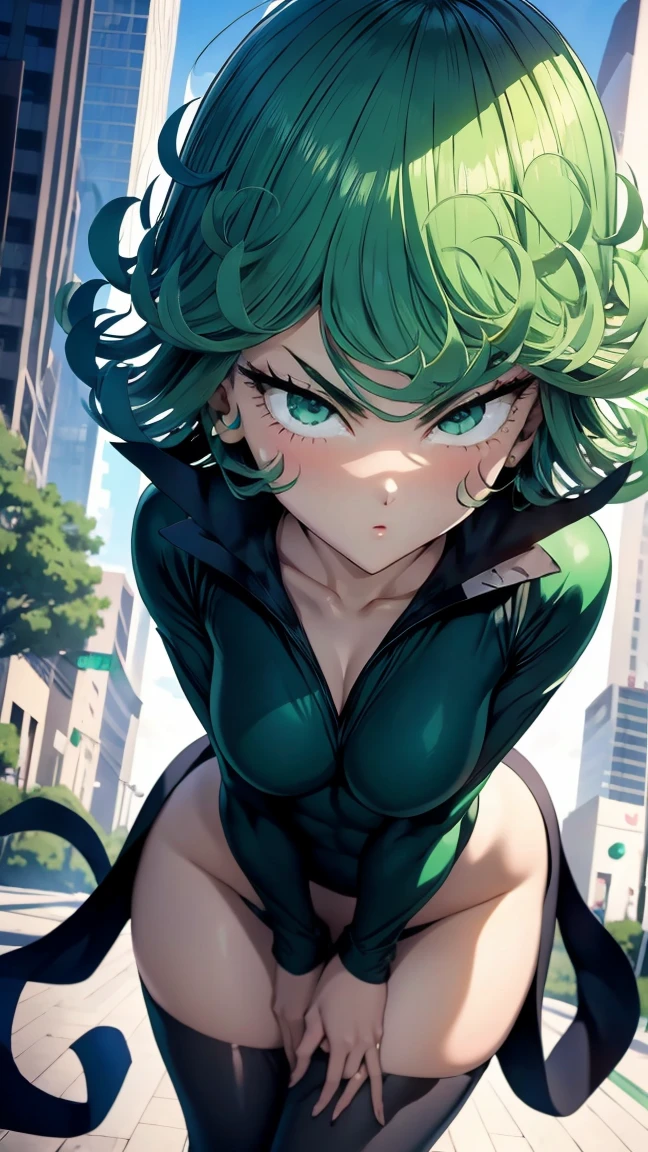 Tatsumaki , Dynamic poses have a golden part, physically frail, Street, floats in the air, close up portrait, is leaning towards the ground, beautiful , White nurse's gown, short skirt, The breasts fall below the gown., leans forward,  very erotic, arches in the back, portrait of a girl, standing in a sexy pose, leans forward, beautiful фигура, buttocks, beautiful грудь, very sexy, the texture is very durable，The image is very clear and concise.，incredibly beautiful，elegant temperament，in a spacious room, Tatsumaki's gentle facial expression from One Punch Man, short green hair, green eyes, , heels, full body view, smiling, dynamic pose, Tatsumaki de One Punch Man, short green hair, green eyes, ,dynamic view, (masterpiece, Best Quality:1.2),