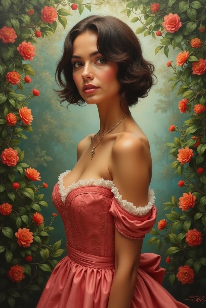 Oil painting of a Beautiful latina woman perfect body short brunette hair,  dressed in elegant victorian era 19th century American colorful conservative formal studio lighting,  beautiful outdoor paradise background 