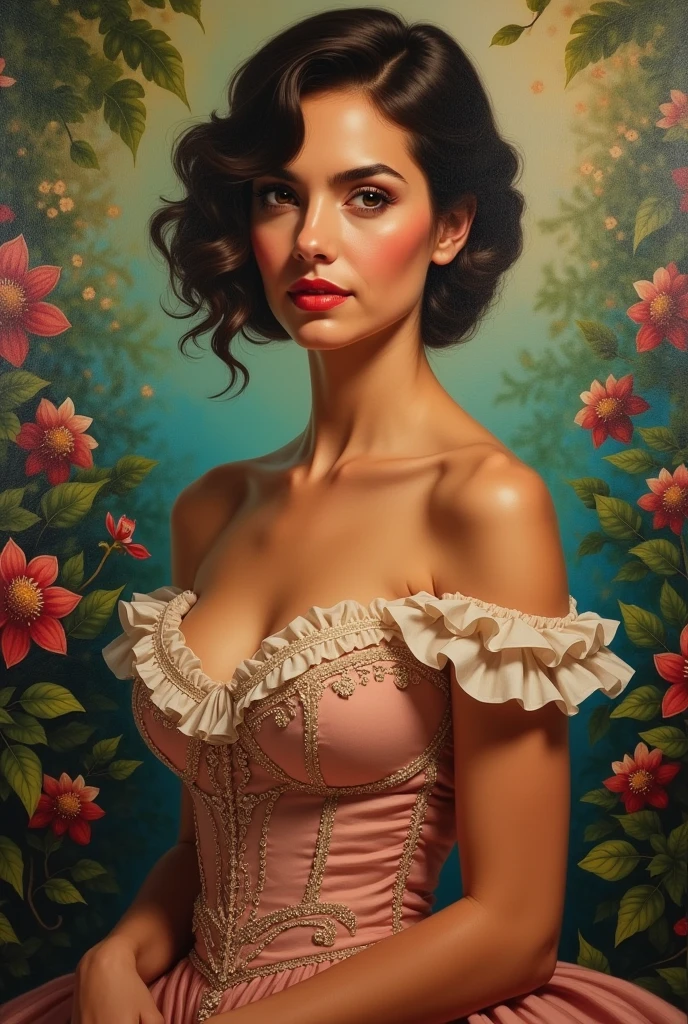 Oil painting of a Beautiful latina woman perfect body short brunette hair, dressed in elegant victorian era 19th century American colorful conservative formal studio lighting, beautiful outdoor paradise background