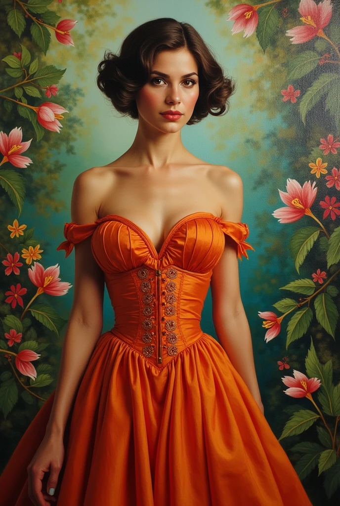Oil painting of a Beautiful latina woman perfect body short brunette hair, dressed in elegant victorian era 19th century American colorful conservative formal studio lighting, beautiful outdoor paradise background